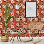 Floralplus Peel and Stick Wallpaper Boho Floral Rust Red Botanical Vintage Removable Self Adhesive Wall Mural for Bedroom Living Room Nursery