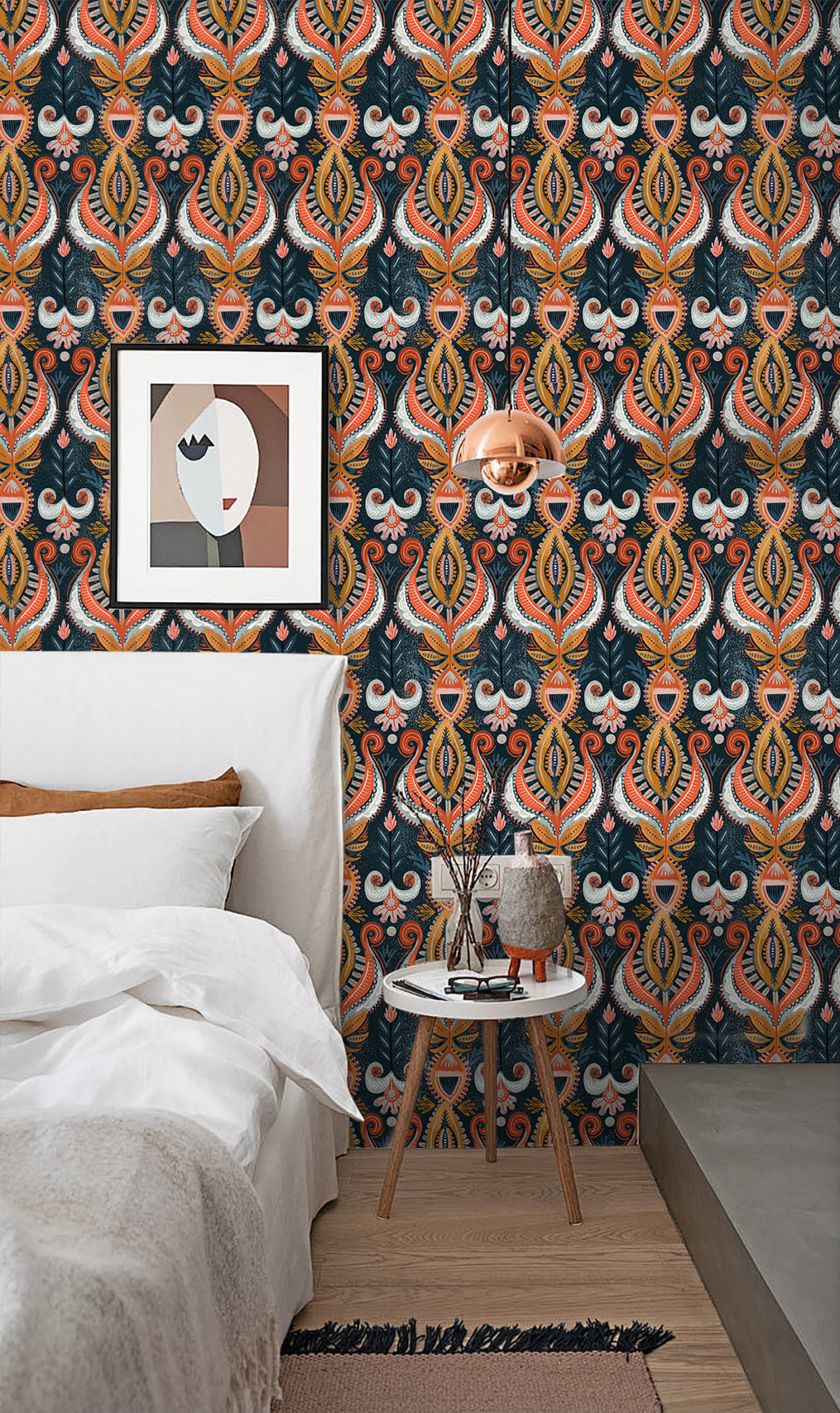 Floralplus Peel and Stick Wallpaper Boho Folk Paisley Navy Orange Mustard Retro Damask Removable Self Adhesive Wall Mural for Bedroom Living Room