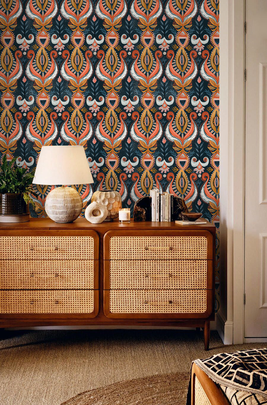 Floralplus Peel and Stick Wallpaper Boho Folk Paisley Navy Orange Mustard Retro Damask Removable Self Adhesive Wall Mural for Bedroom Living Room