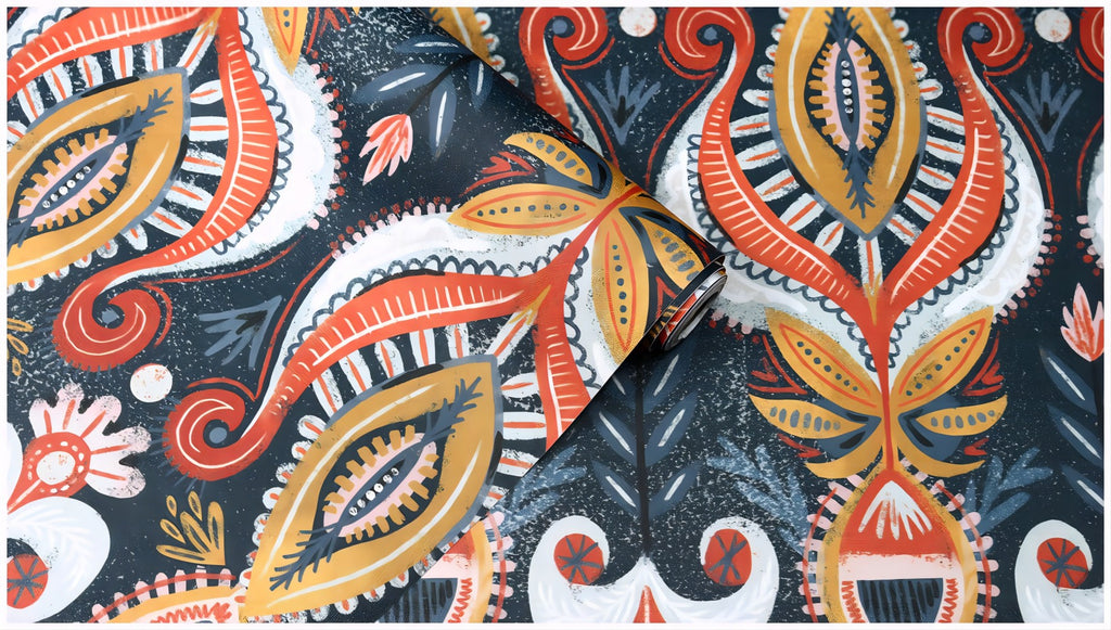 Floralplus Peel and Stick Wallpaper Boho Folk Paisley Navy Orange Mustard Retro Damask Removable Self Adhesive Wall Mural for Bedroom Living Room