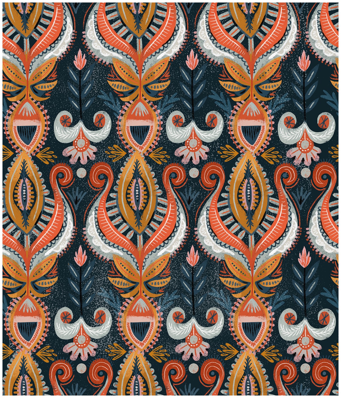 Floralplus Peel and Stick Wallpaper Boho Folk Paisley Navy Orange Mustard Retro Damask Removable Self Adhesive Wall Mural for Bedroom Living Room