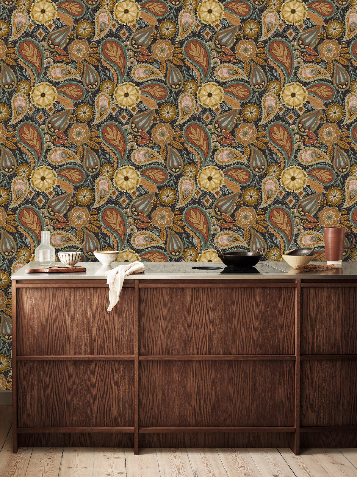 Floralplus Peel and Stick Wallpaper Boho Paisley Floral Brown Rust Sage Green Vintage Retro Removable Self Adhesive Wall Mural for Bedroom Living Room