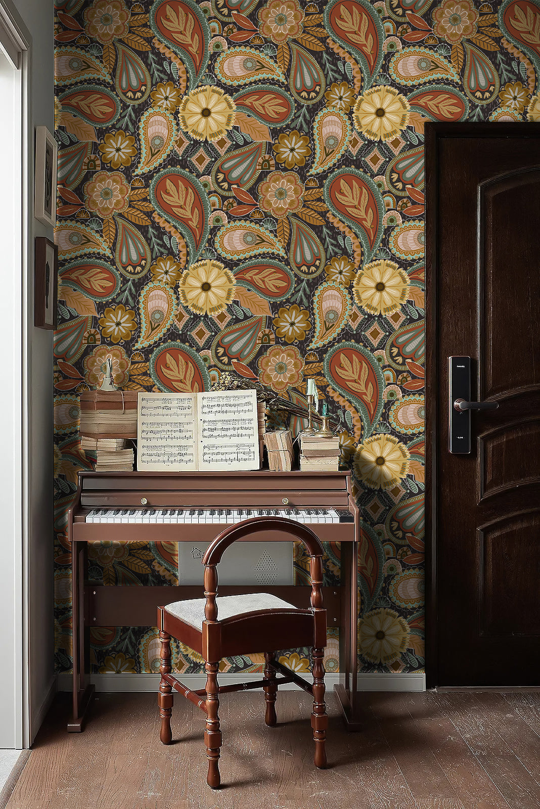 Floralplus Peel and Stick Wallpaper Boho Paisley Floral Brown Rust Sage Green Vintage Retro Removable Self Adhesive Wall Mural for Bedroom Living Room