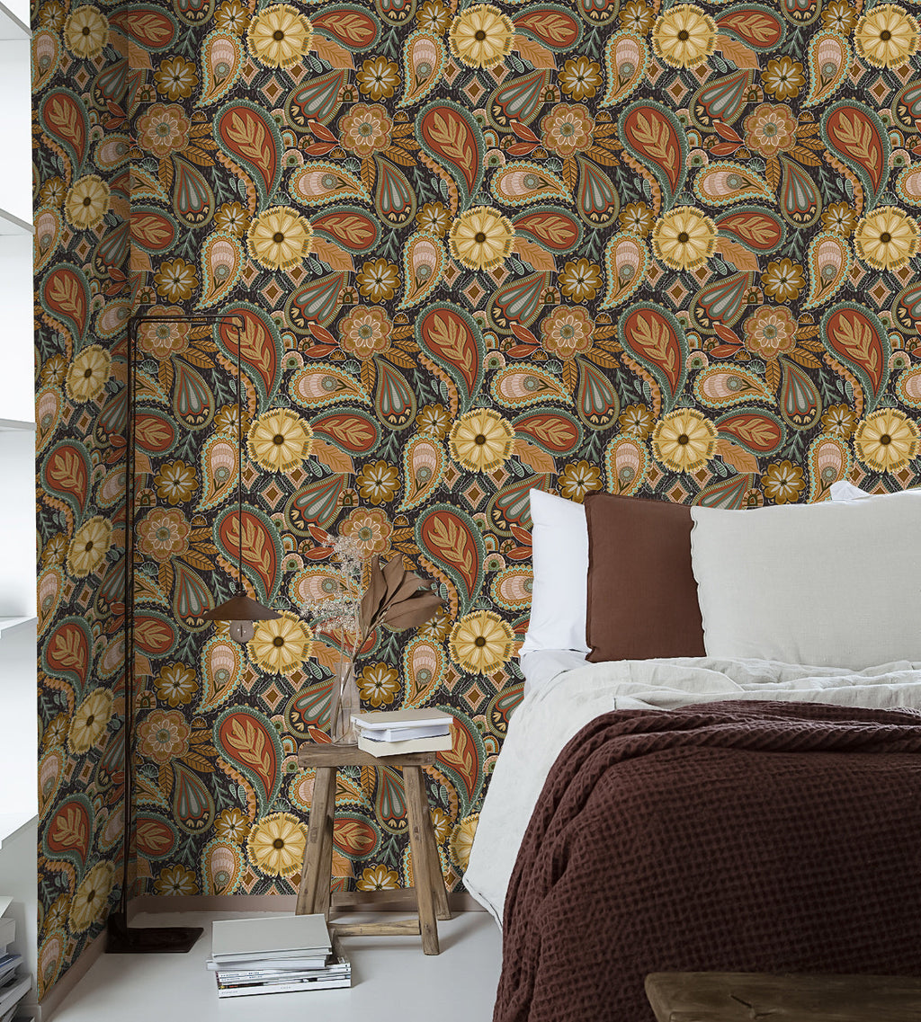 Floralplus Peel and Stick Wallpaper Boho Paisley Floral Brown Rust Sage Green Vintage Retro Removable Self Adhesive Wall Mural for Bedroom Living Room