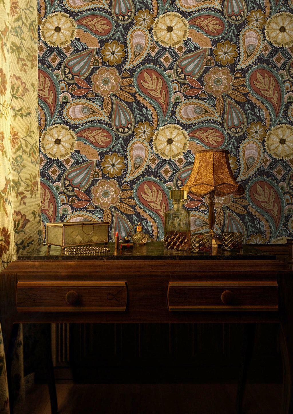 Floralplus Peel and Stick Wallpaper Boho Paisley Floral Brown Rust Sage Green Vintage Retro Removable Self Adhesive Wall Mural for Bedroom Living Room
