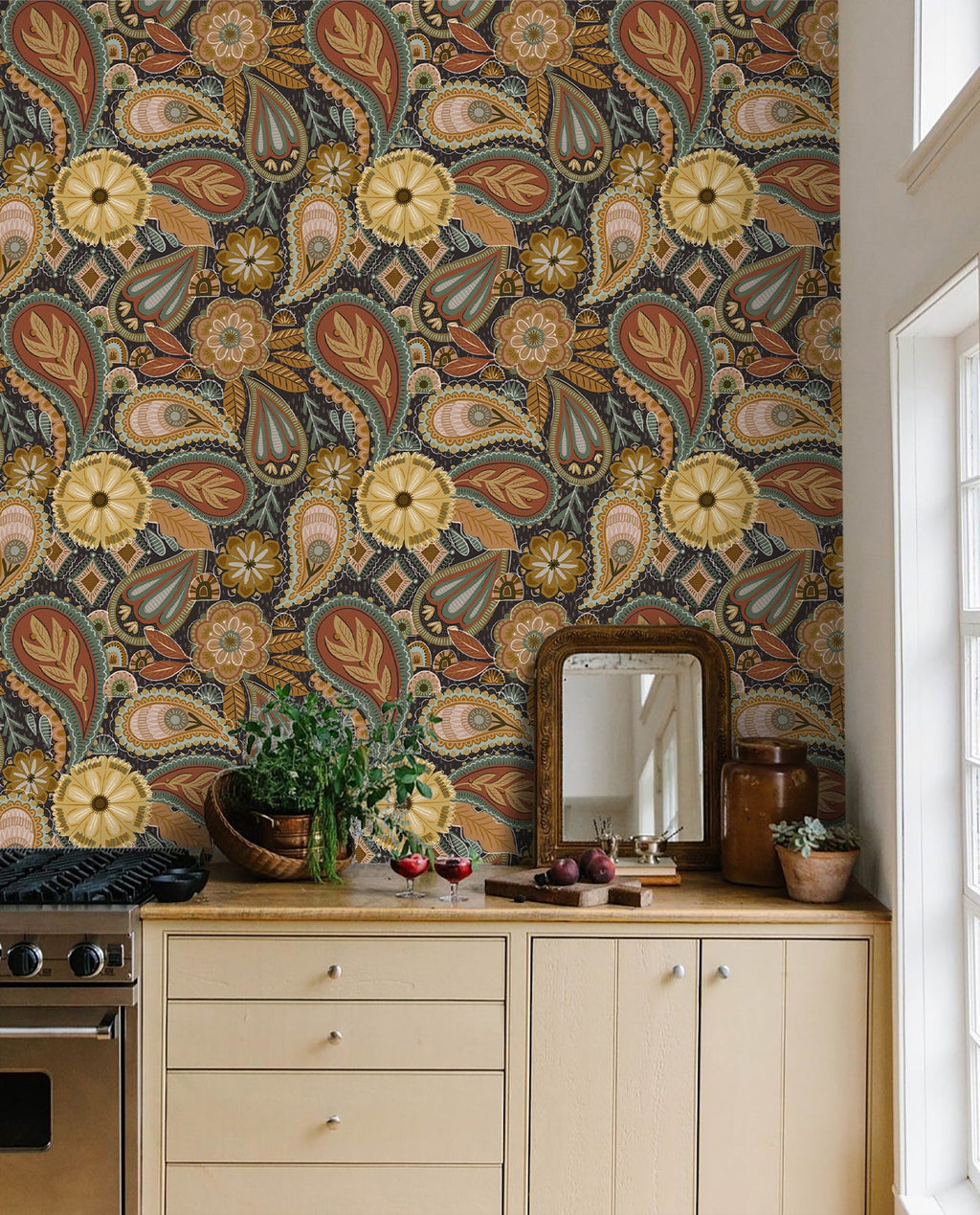 Floralplus Peel and Stick Wallpaper Boho Paisley Floral Brown Rust Sage Green Vintage Retro Removable Self Adhesive Wall Mural for Bedroom Living Room