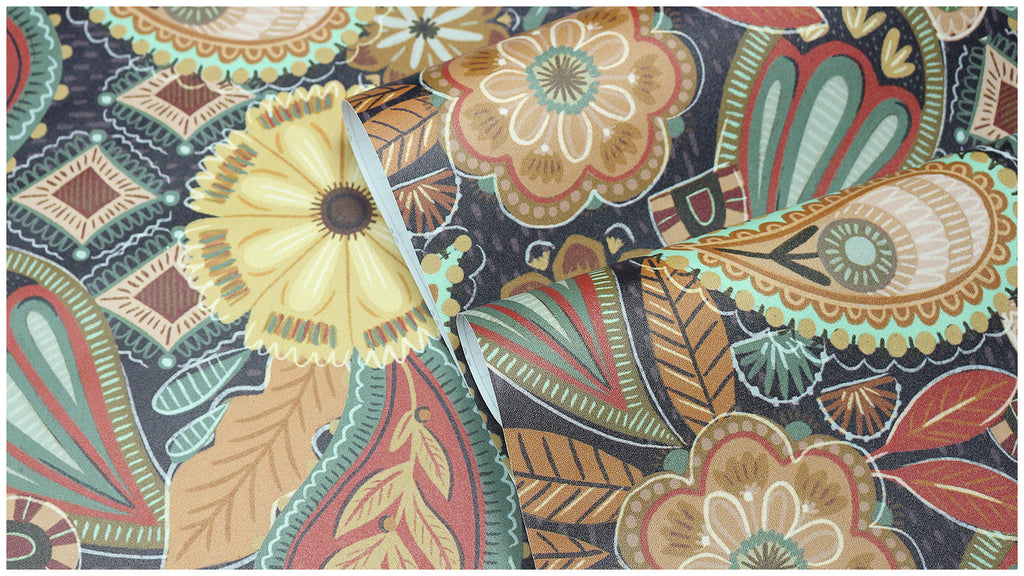 Floralplus Peel and Stick Wallpaper Boho Paisley Floral Brown Rust Sage Green Vintage Retro Removable Self Adhesive Wall Mural for Bedroom Living Room