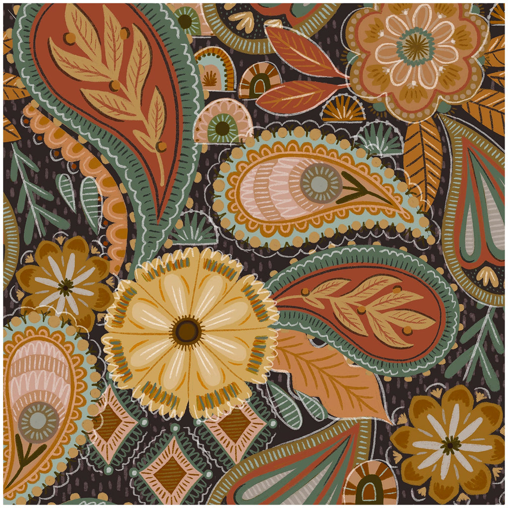 Floralplus Peel and Stick Wallpaper Boho Paisley Floral Brown Rust Sage Green Vintage Retro Removable Self Adhesive Wall Mural for Bedroom Living Room