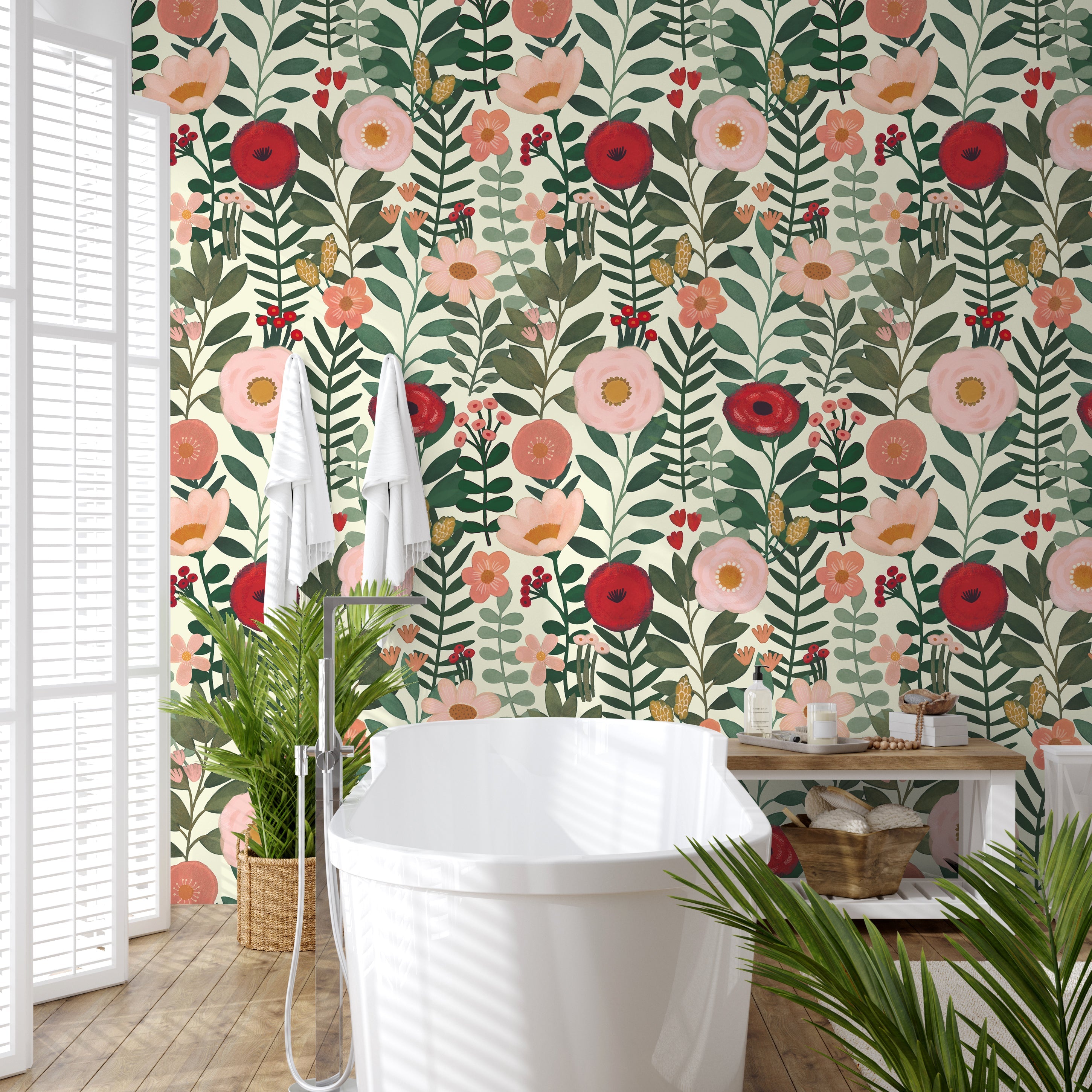 Floralplus Peel and Stick Wallpaper Cream Floral Red Pink Green Botanical Boho Removable Self Adhesive Wall Mural for Bedroom Living Room Nursery