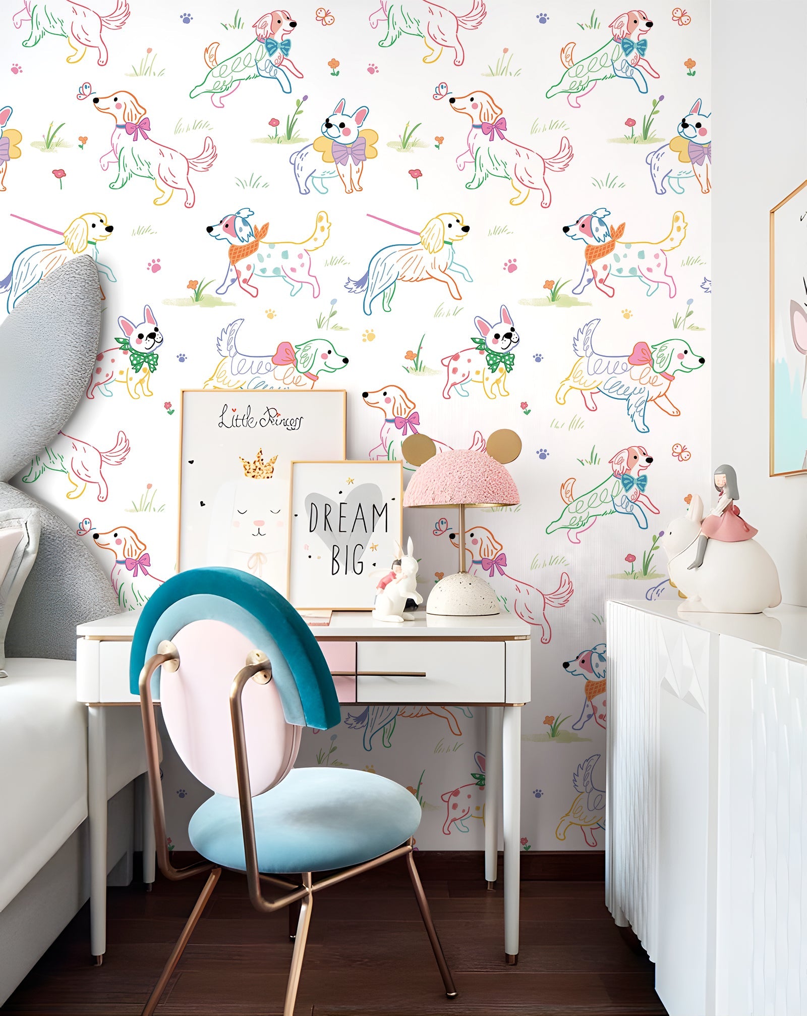 Floralplus Peel and Stick Wallpaper Cute Colorful Dogs Kids Playroom Nursery Decor Removable Wall Mural
