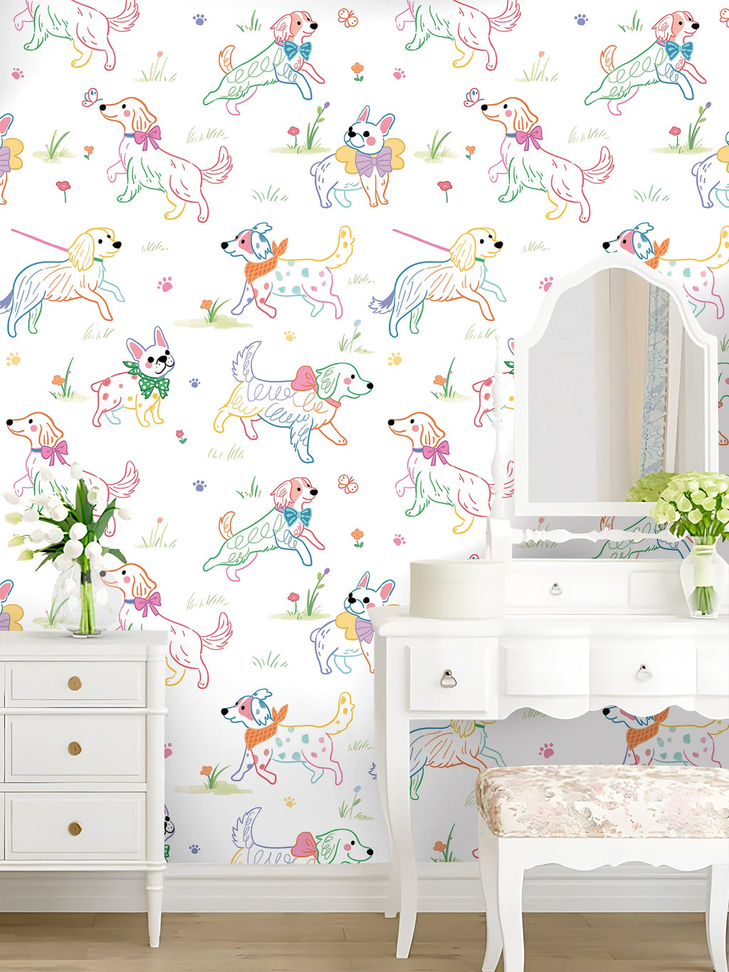 Floralplus Peel and Stick Wallpaper Cute Colorful Dogs Kids Playroom Nursery Decor Removable Wall Mural
