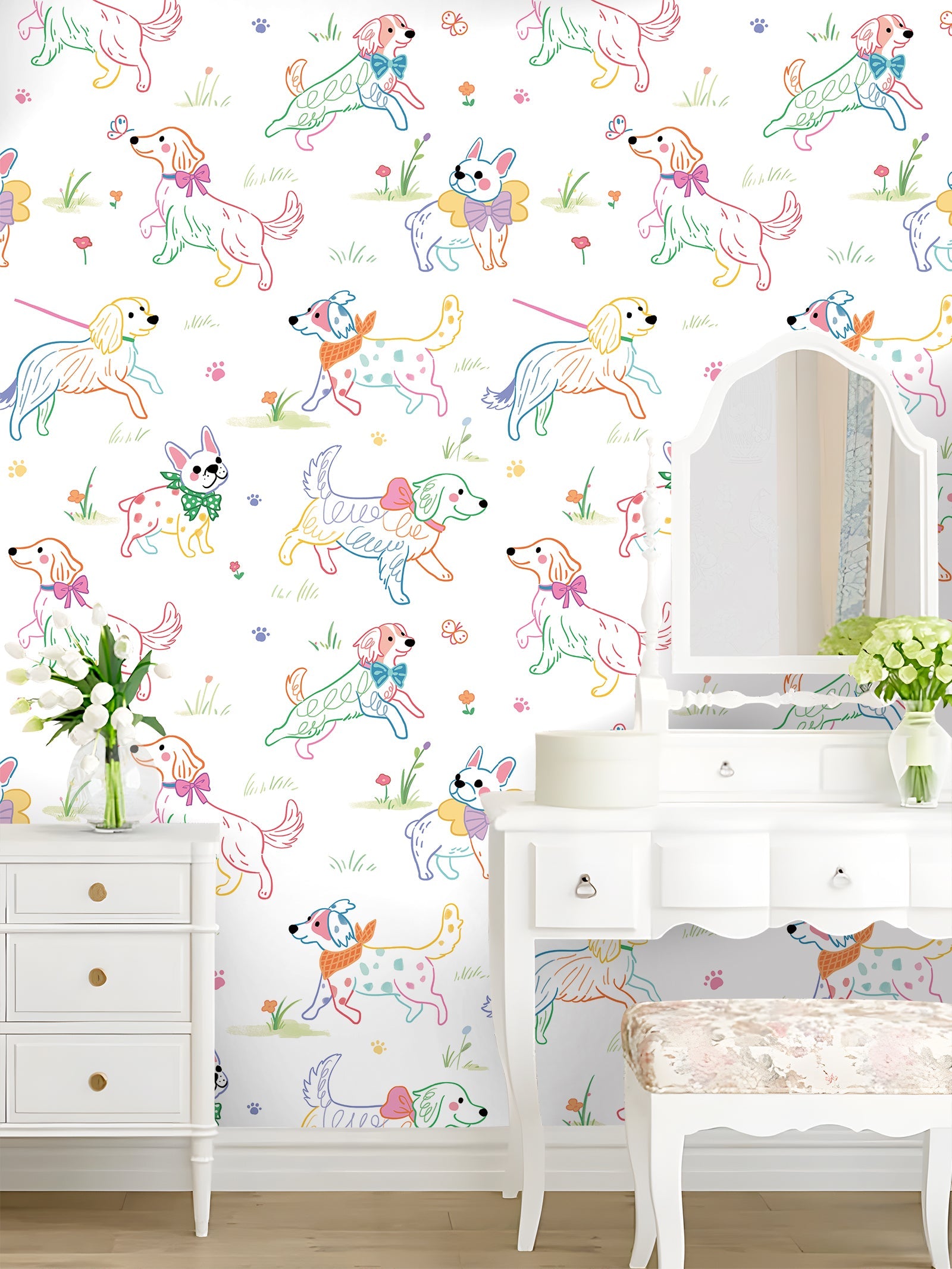 Floralplus Peel and Stick Wallpaper Cute Colorful Dogs Kids Playroom Nursery Decor Removable Wall Mural
