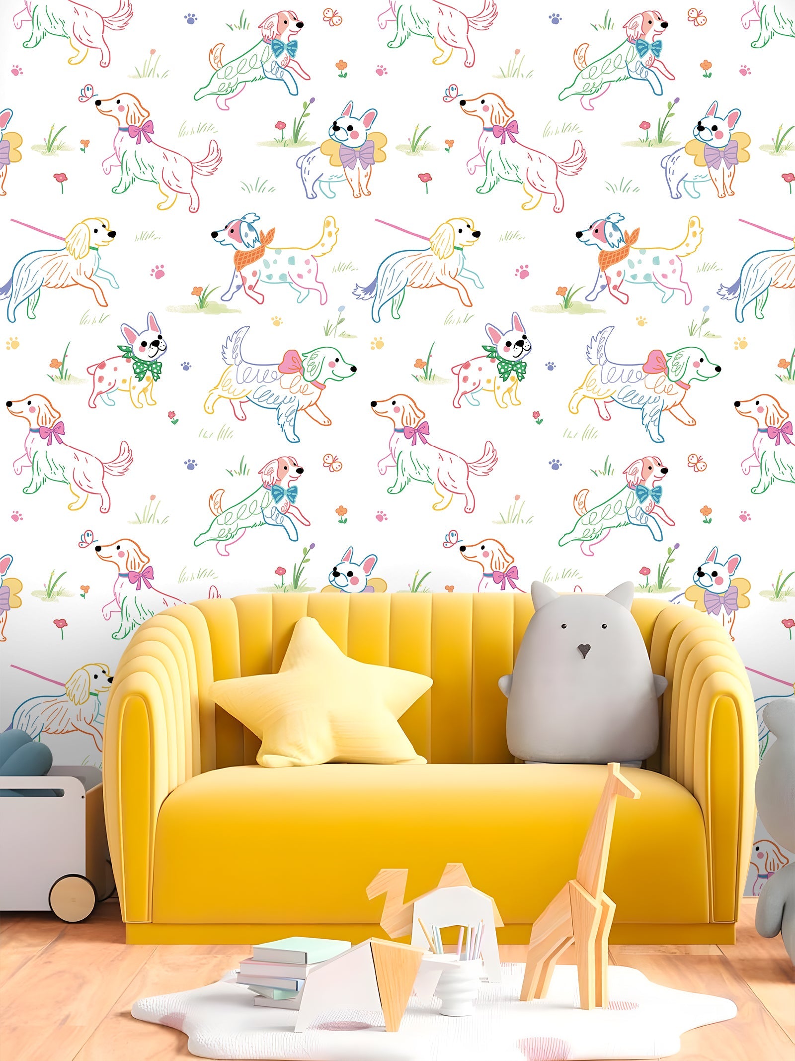 Floralplus Peel and Stick Wallpaper Cute Colorful Dogs Kids Playroom Nursery Decor Removable Wall Mural
