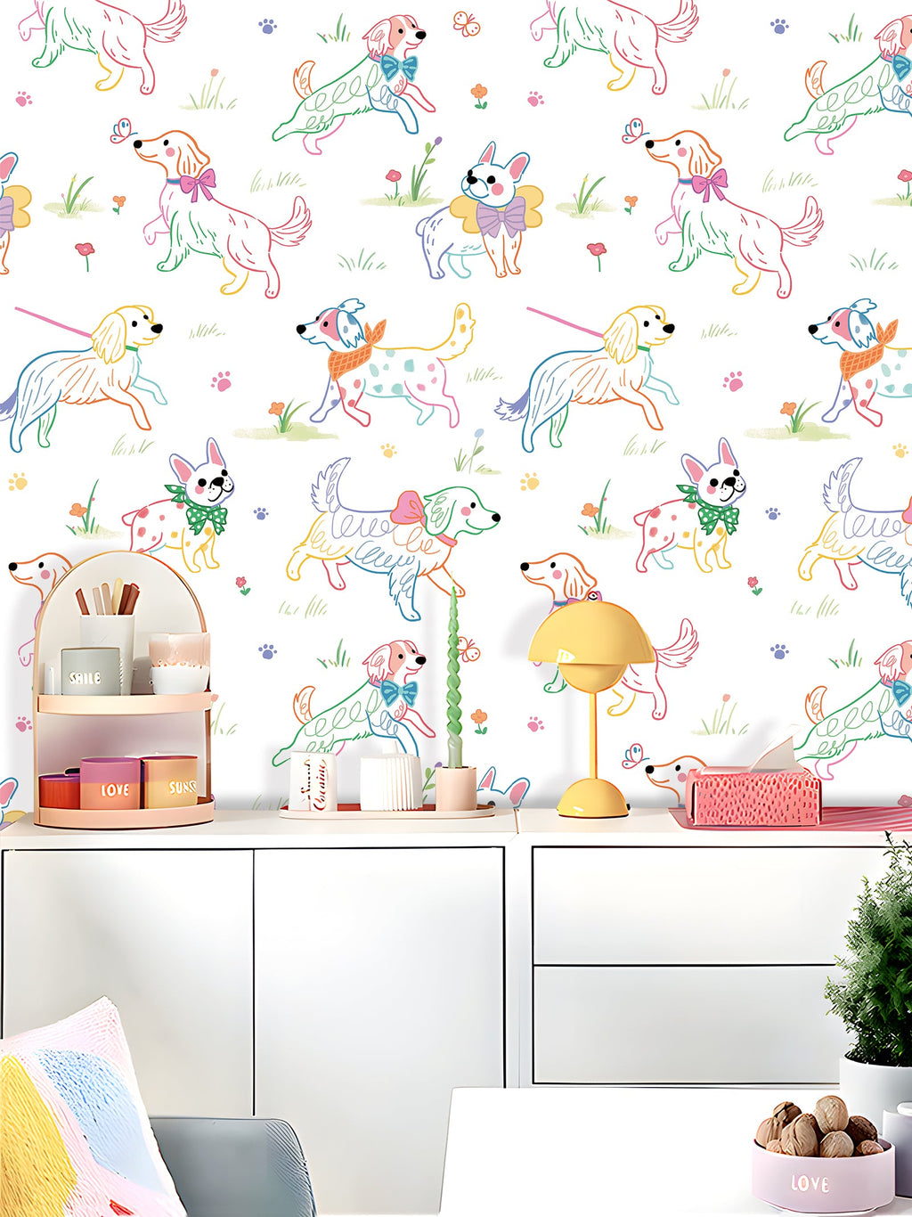Floralplus Peel and Stick Wallpaper Cute Colorful Dogs Kids Playroom Nursery Decor Removable Wall Mural

