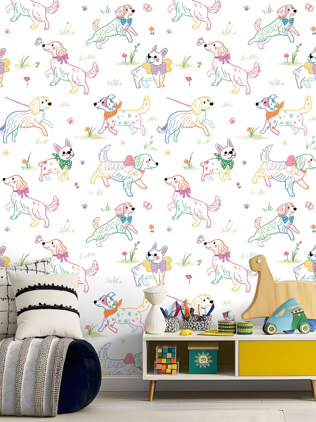 Floralplus Peel and Stick Wallpaper Cute Colorful Dogs Kids Playroom Nursery Decor Removable Wall Mural
