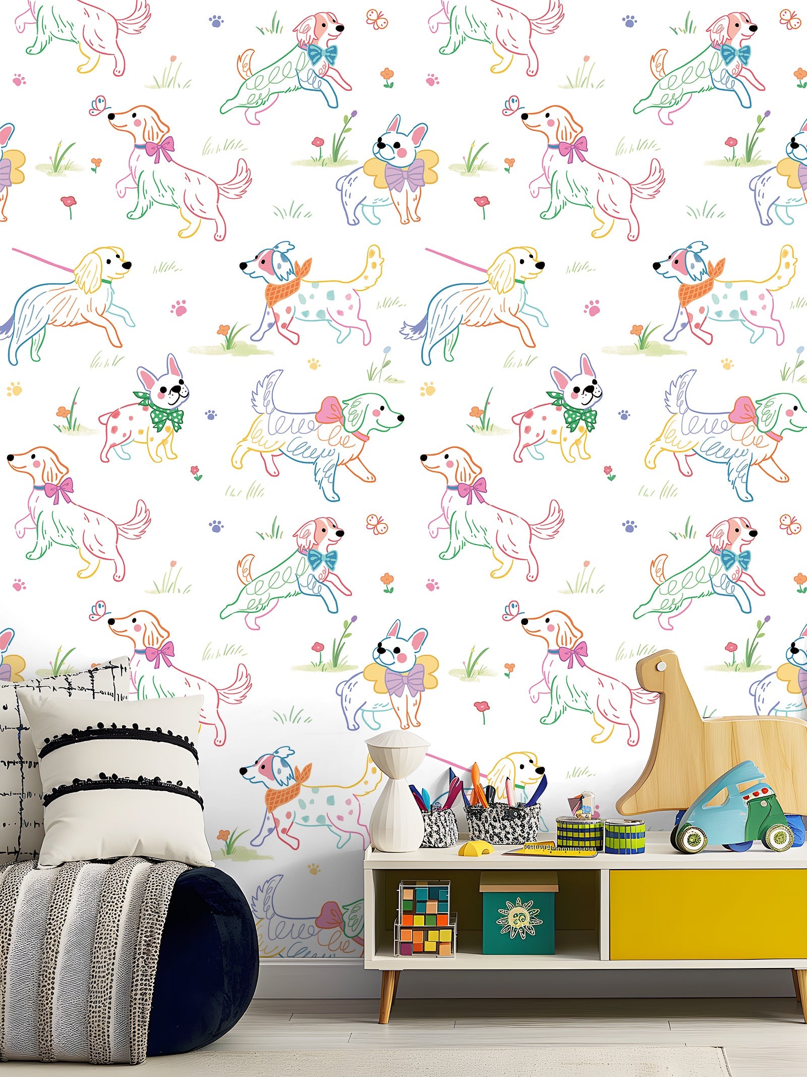 Floralplus Peel and Stick Wallpaper Cute Colorful Dogs Kids Playroom Nursery Decor Removable Wall Mural
