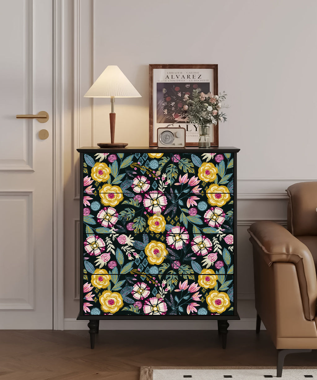 Floralplus Peel and Stick Wallpaper Dark Floral Boho Black Background Mustard Pink Blue Botanical Removable Self Adhesive Wall Mural