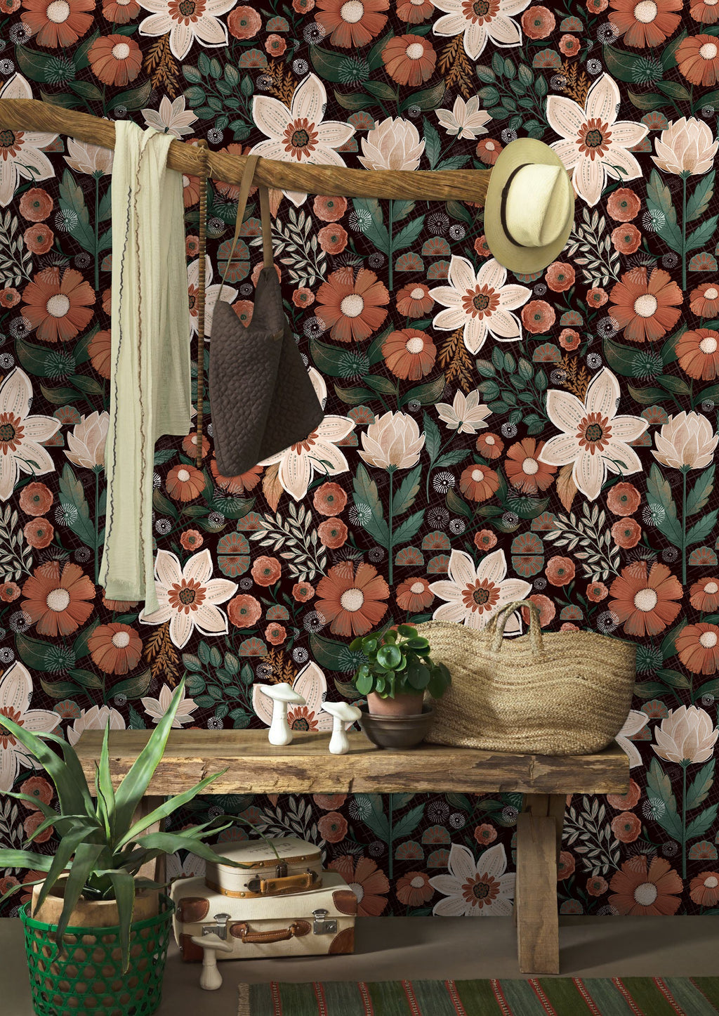 Floralplus Peel and Stick Wallpaper Dark Floral Vintage Brown Cream Green Botanical Boho Removable Self Adhesive Wall Mural for Bedroom Living Room
