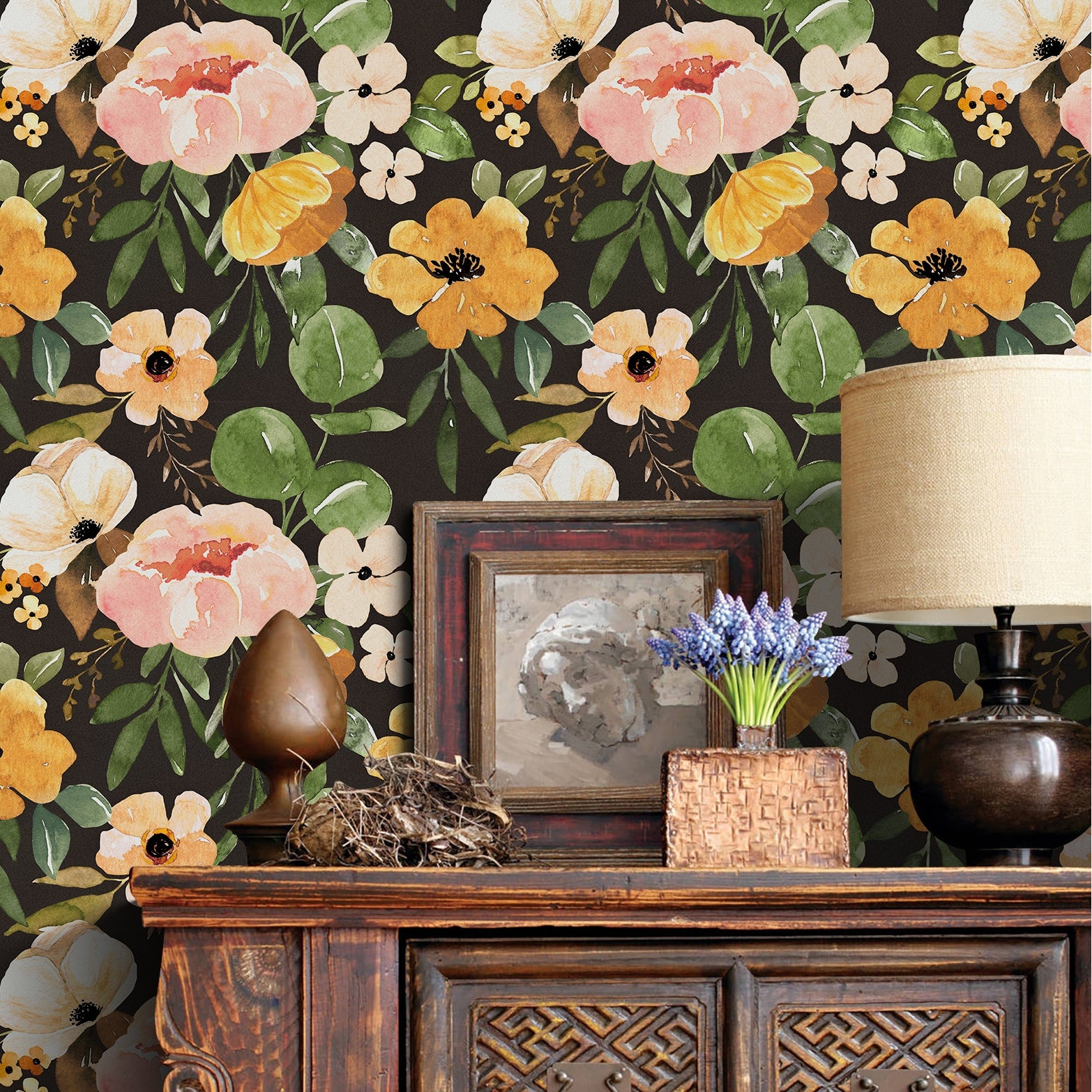 Floralplus Peel and Stick Wallpaper Dark Floral Watercolor Black Background Pink Mustard Green Botanical Removable Self Adhesive Wall Mural for Bedroom Living Room Nursery