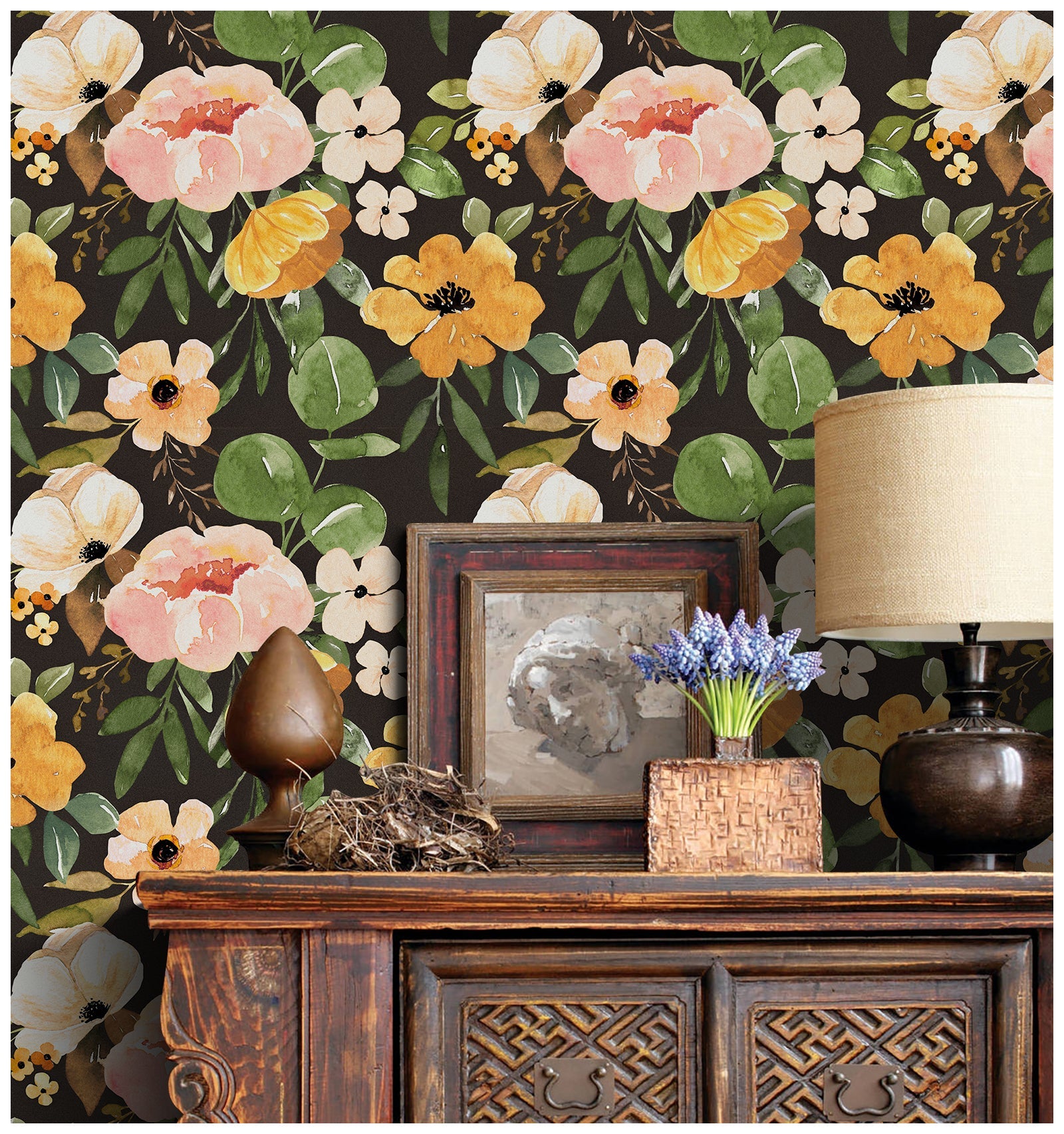 Floralplus Peel and Stick Wallpaper Dark Floral Watercolor Black Background Pink Mustard Green Botanical Removable Self Adhesive Wall Mural for Bedroom Living Room Nursery