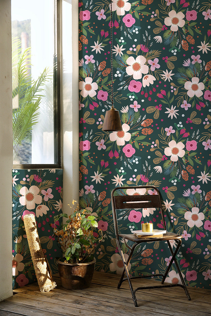 Floralplus Peel and Stick Wallpaper Dark Green Christmas Floral Winter Berry Botanical Removable Self Adhesive Wall Mural for Bedroom Living Room Nursery