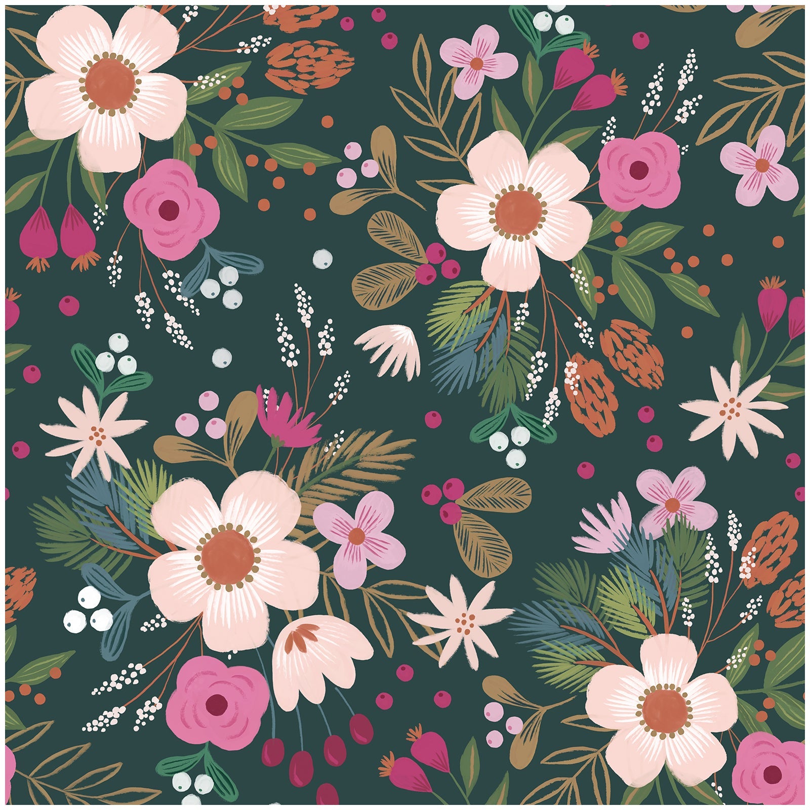 Floralplus Peel and Stick Wallpaper Dark Green Christmas Floral Winter Berry Botanical Removable Self Adhesive Wall Mural for Bedroom Living Room Nursery