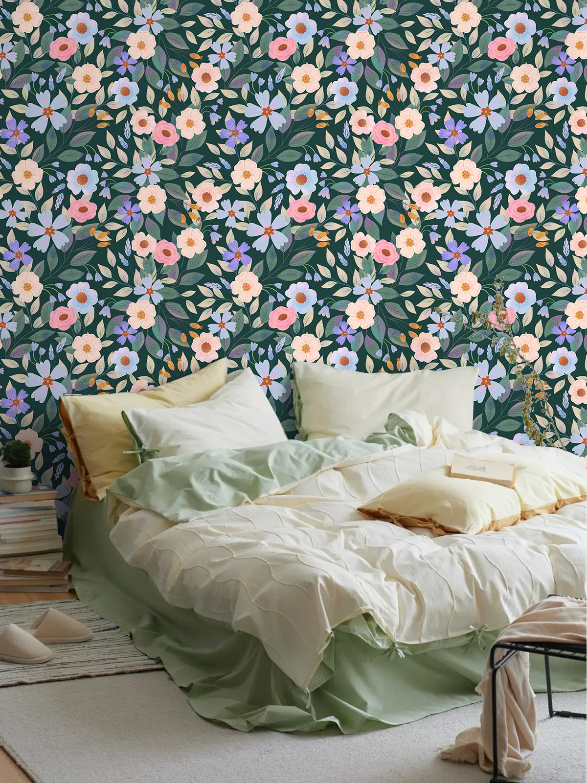 Floralplus Peel and Stick Wallpaper Dark Green Floral Pastel Pink Blue Botanical Boho Removable Self Adhesive Wall Mural for Bedroom Living Room Nursery