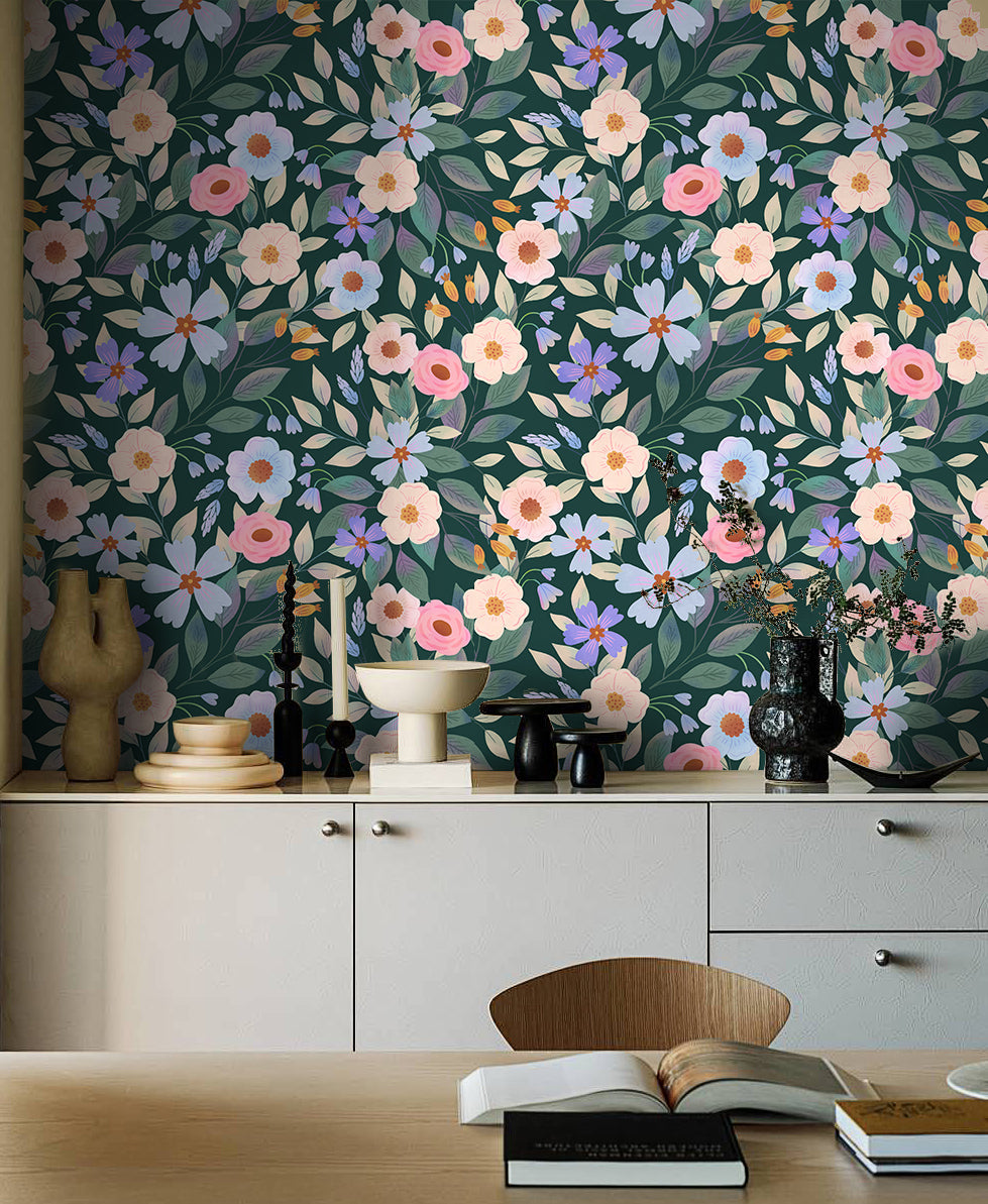 Floralplus Peel and Stick Wallpaper Dark Green Floral Pastel Pink Blue Botanical Boho Removable Self Adhesive Wall Mural for Bedroom Living Room Nursery