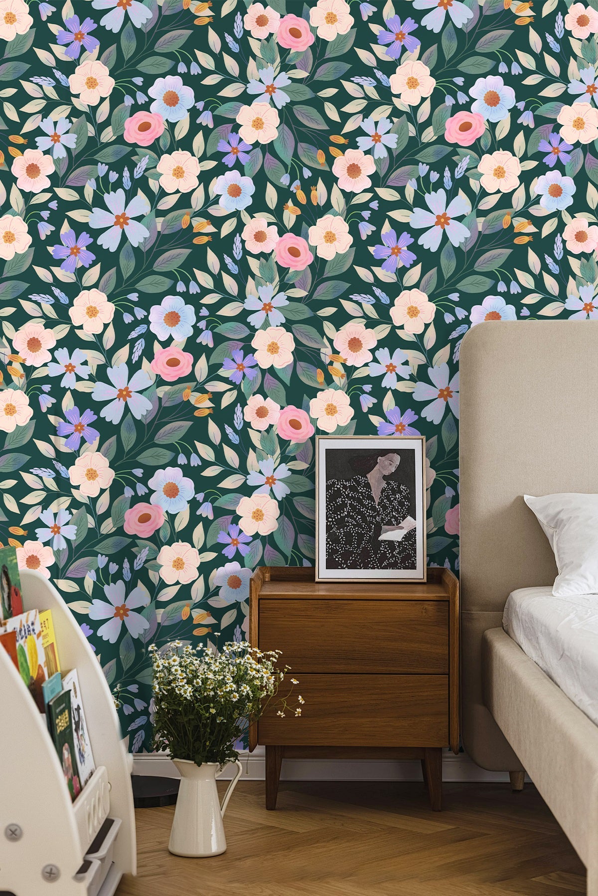 Floralplus Peel and Stick Wallpaper Dark Green Floral Pastel Pink Blue Botanical Boho Removable Self Adhesive Wall Mural for Bedroom Living Room Nursery