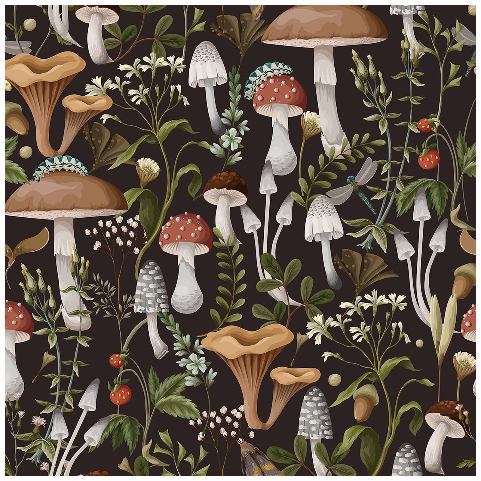 Floralplus Peel and Stick Wallpaper Dark Mushroom Forest Botanical Cottagecore Removable Self Adhesive Wall Mural for Bedroom Living Room Nursery