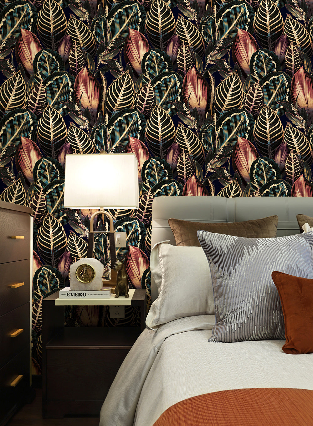 Floralplus Peel and Stick Wallpaper Dark Tropical Leaves Removable Botanical Gold Navy Jungle Wall Mural for Bedroom Living Room Bathroom