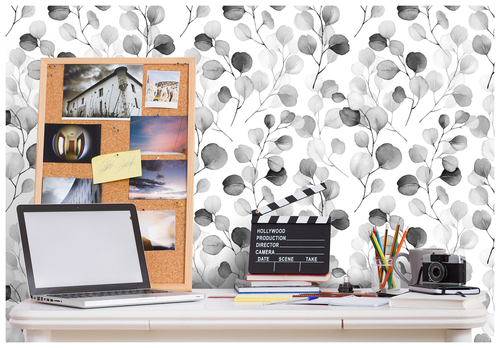 Floralplus Peel and Stick Wallpaper Gray Watercolor Eucalyptus Leaf Botanical White Neutral Removable Self Adhesive Wall Mural for Bathroom Bedroom Nursery