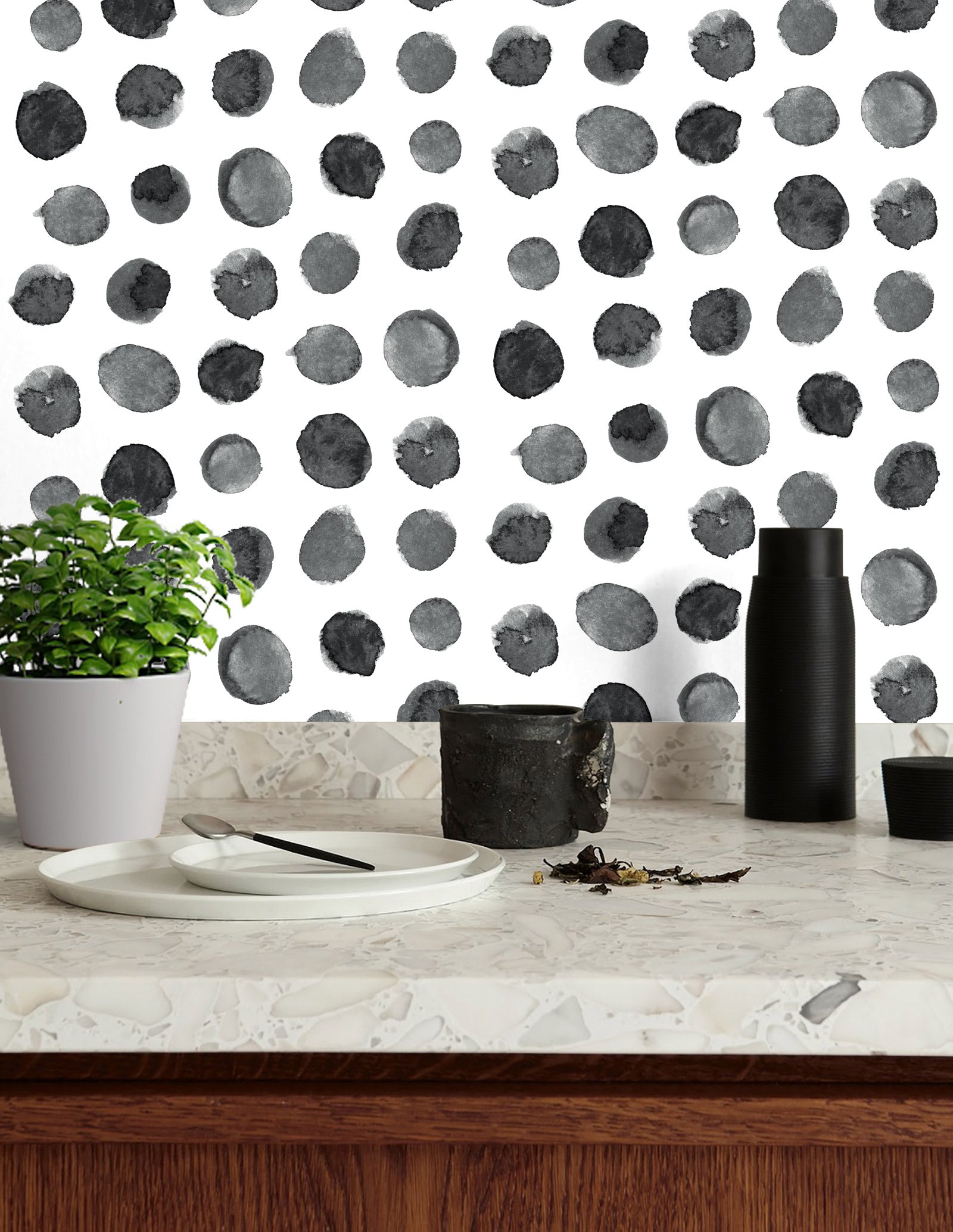 Floralplus Peel and Stick Wallpaper Gray Watercolor Polka Dot Spot Pattern Modern Neutral Removable Self Adhesive Wall Mural for Bathroom Nursery Kids Room