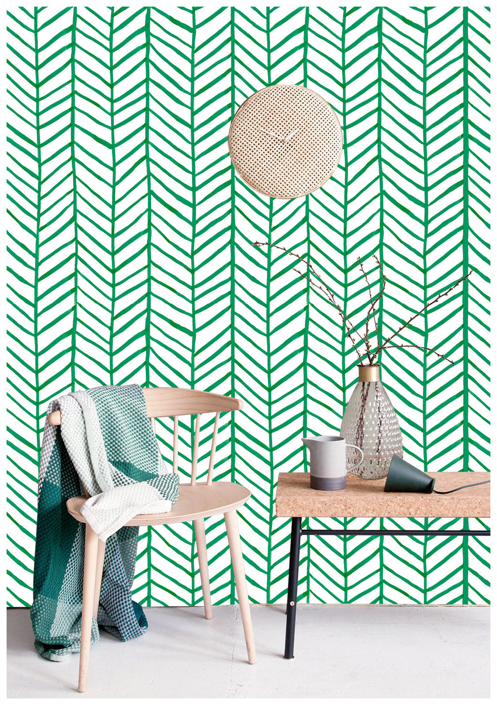Floralplus Peel and Stick Wallpaper Green Herringbone Chevron Watercolor Modern Removable Self Adhesive Wall Mural for Bathroom Bedroom Living Room
