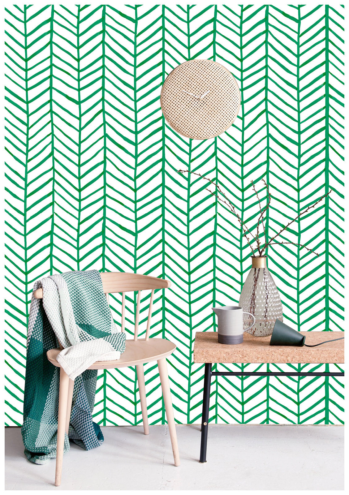 Floralplus Peel and Stick Wallpaper Green Herringbone Chevron Watercolor Modern Removable Self Adhesive Wall Mural for Bathroom Bedroom Living Room