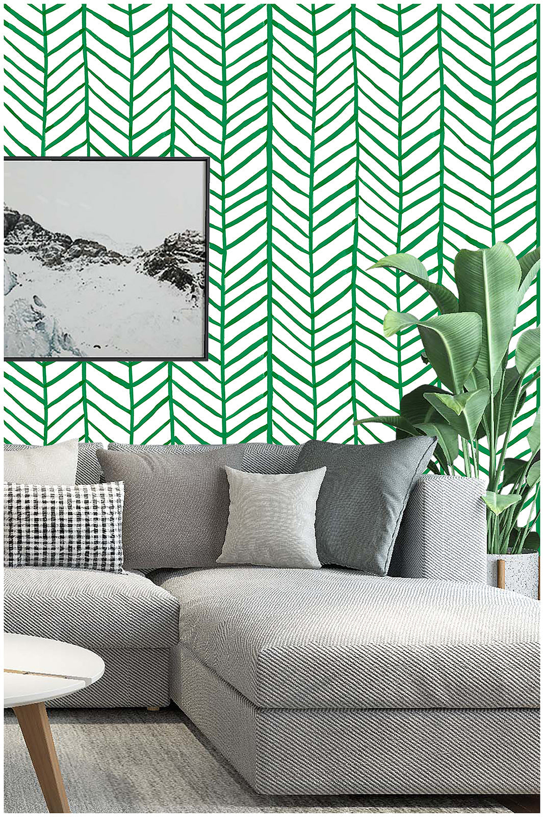 Floralplus Peel and Stick Wallpaper Green Herringbone Chevron Watercolor Modern Removable Self Adhesive Wall Mural for Bathroom Bedroom Living Room