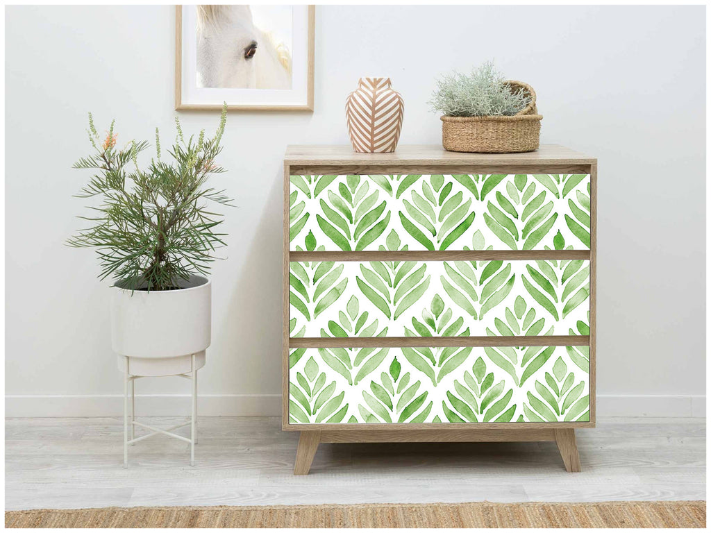 Floralplus Peel and Stick Wallpaper Green Watercolor Leaf Botanical White Modern Removable Self Adhesive Wall Mural for Bathroom Bedroom Nursery