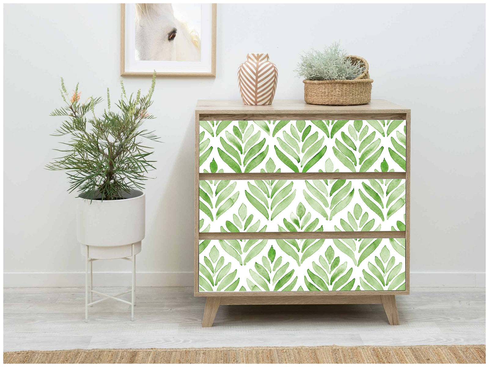 Floralplus Peel and Stick Wallpaper Green Watercolor Leaf Botanical White Modern Removable Self Adhesive Wall Mural for Bathroom Bedroom Nursery