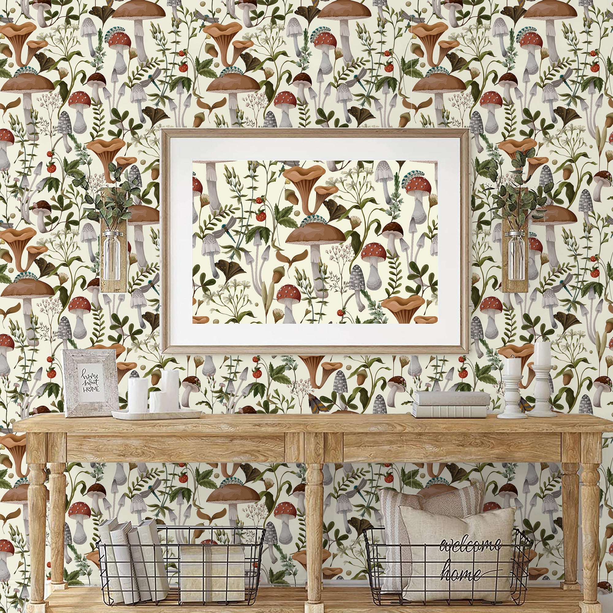 Floralplus Peel and Stick Wallpaper Light Mushroom Forest Botanical Cottagecore Cream Beige Removable Self Adhesive Wall Mural for Bedroom Living Room Nursery