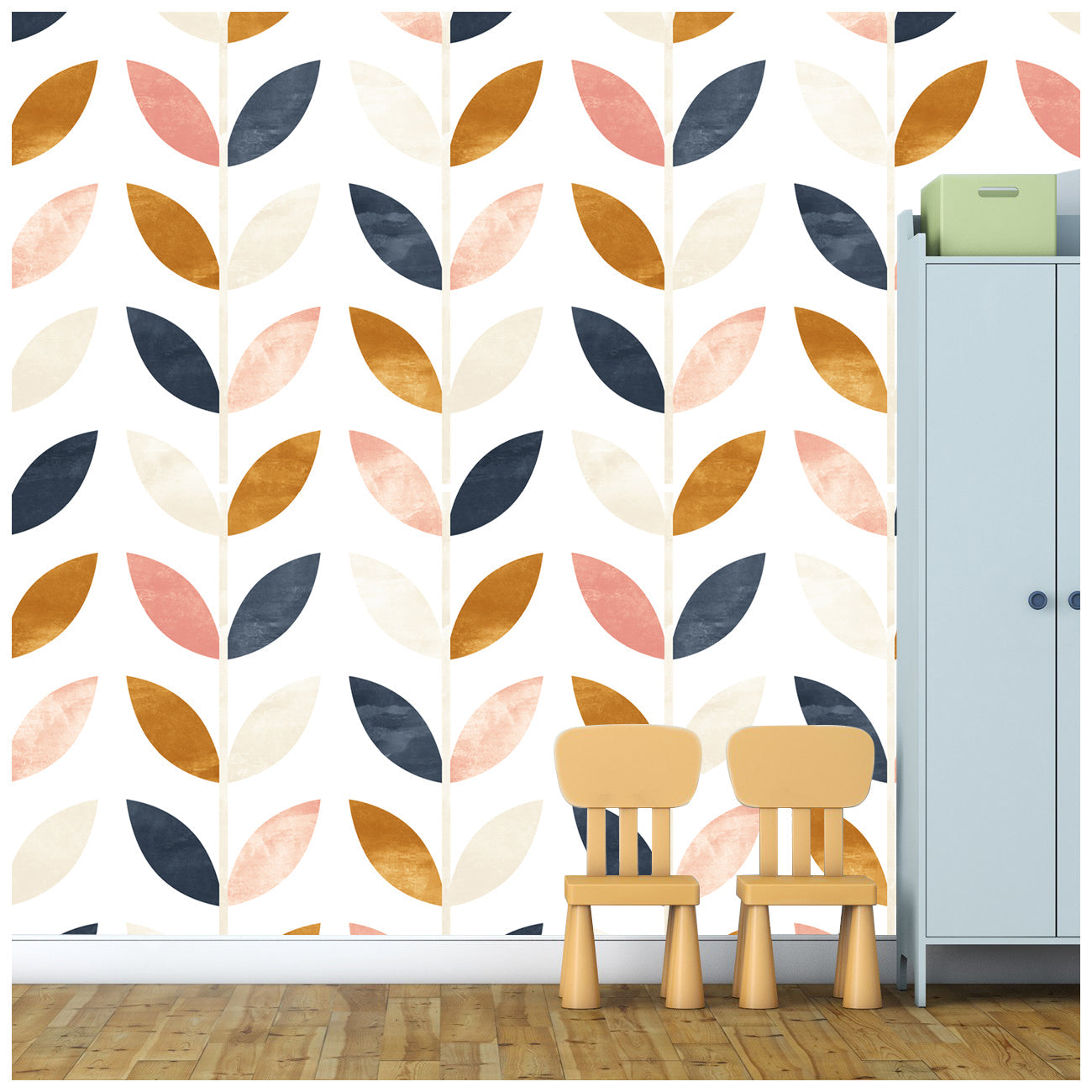 Floralplus Peel and Stick Wallpaper Modern Scandinavian Leaf Pattern Navy Pink Mustard Removable Self Adhesive Wall Mural for Bedroom Nursery Kids Room