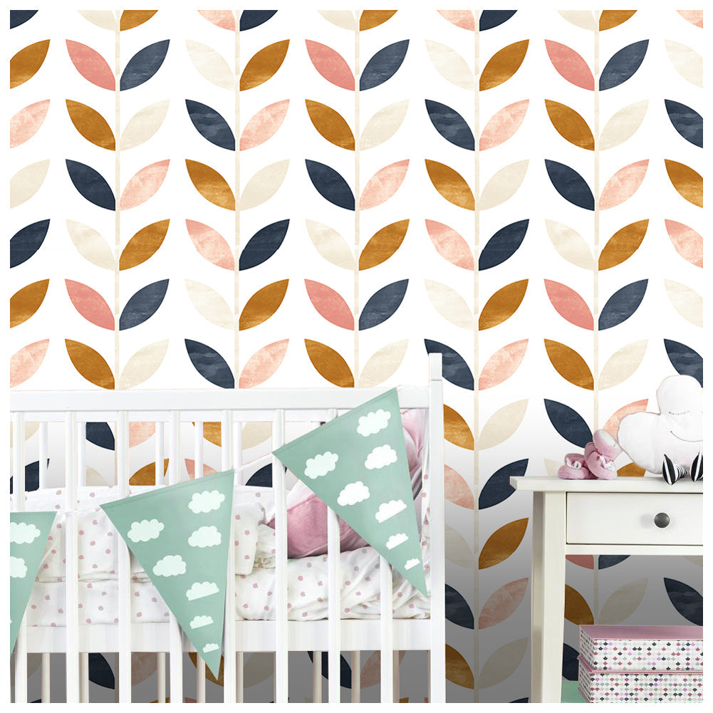 Floralplus Peel and Stick Wallpaper Modern Scandinavian Leaf Pattern Navy Pink Mustard Removable Self Adhesive Wall Mural for Bedroom Nursery Kids Room