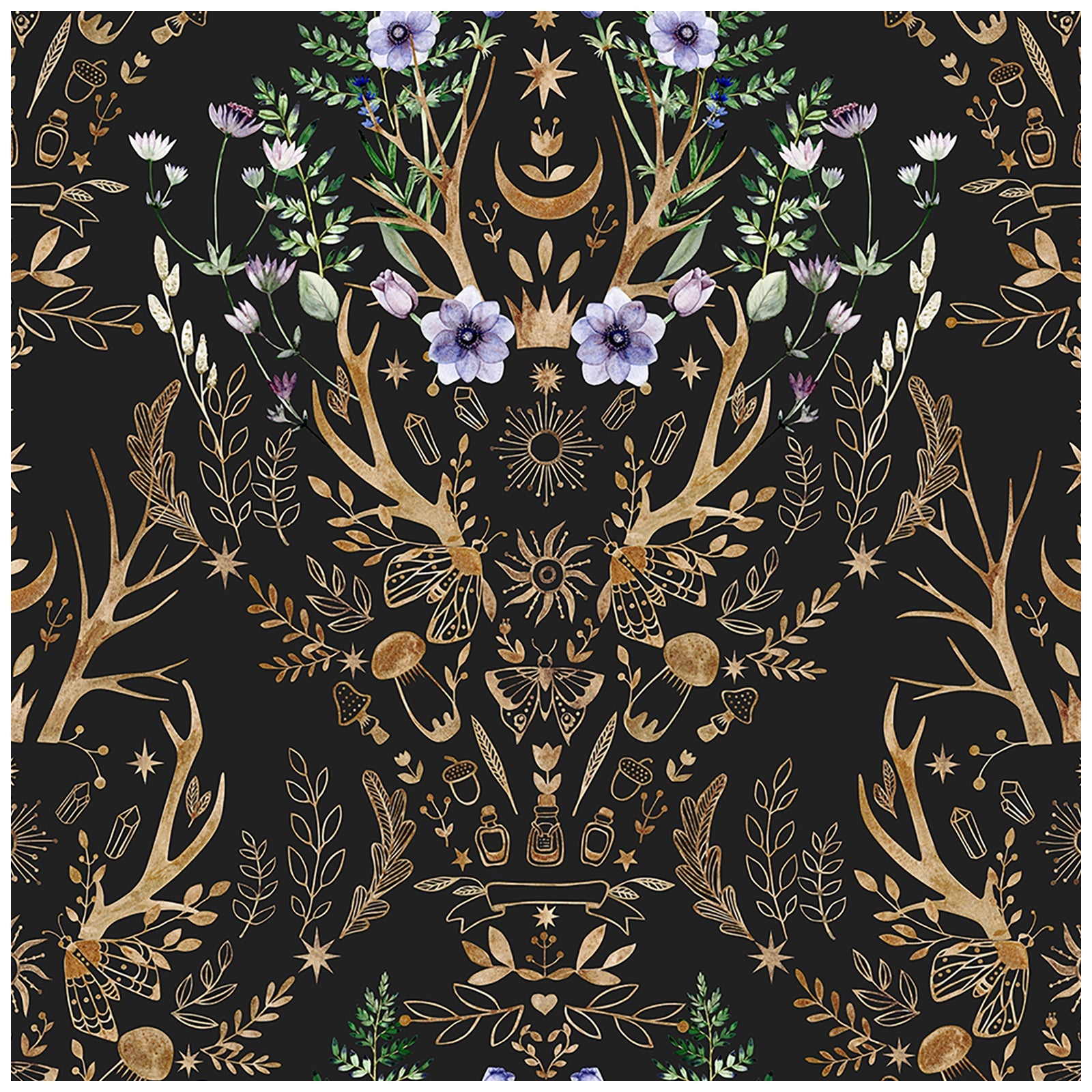 Floralplus Peel and Stick Wallpaper Mystic Forest Deer Antler Floral Black Celestial Boho Removable Self Adhesive Wall Mural for Bedroom Living Room Nursery