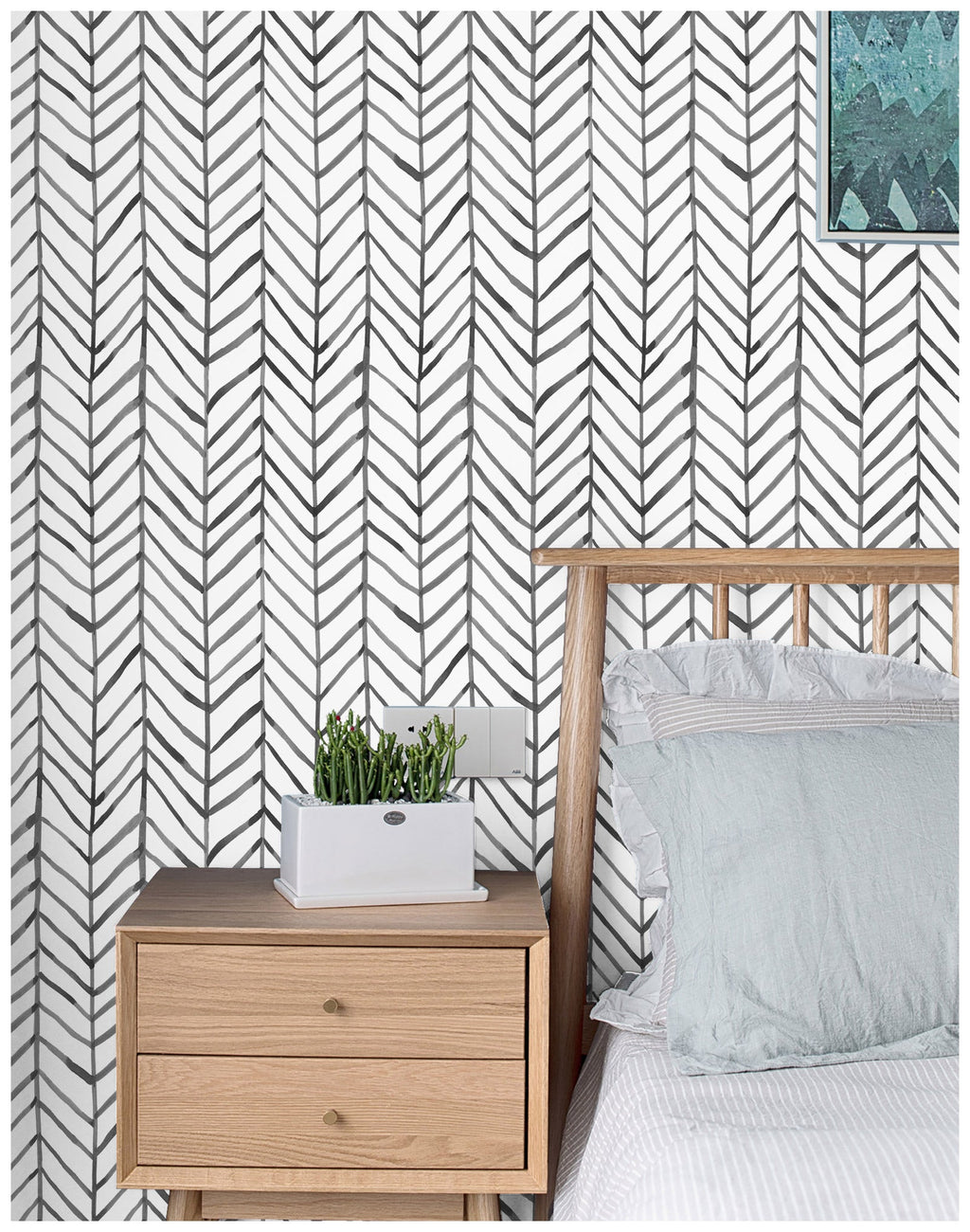 Floralplus Peel and Stick Wallpaper Neutral Gray Herringbone Chevron Watercolor Modern Removable Self Adhesive Wall Mural for Bathroom Bedroom Living Room