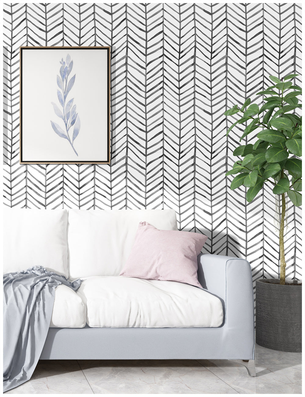 Floralplus Peel and Stick Wallpaper Neutral Gray Herringbone Chevron Watercolor Modern Removable Self Adhesive Wall Mural for Bathroom Bedroom Living Room