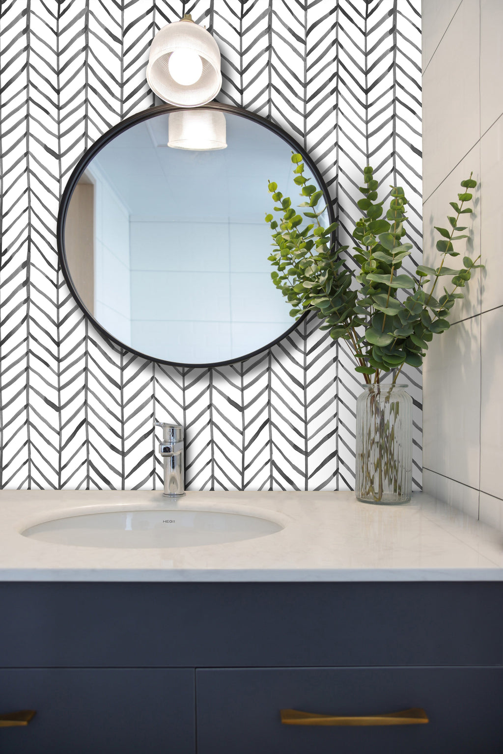 Floralplus Peel and Stick Wallpaper Neutral Gray Herringbone Chevron Watercolor Modern Removable Self Adhesive Wall Mural for Bathroom Bedroom Living Room