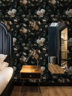 Floralplus Peel and Stick Wallpaper Removable Dark Floral Wallpaper Renter Friendly Wallpapers for Bedroom Accent Wall Black Floral Contact Paper Flower Wall Mural