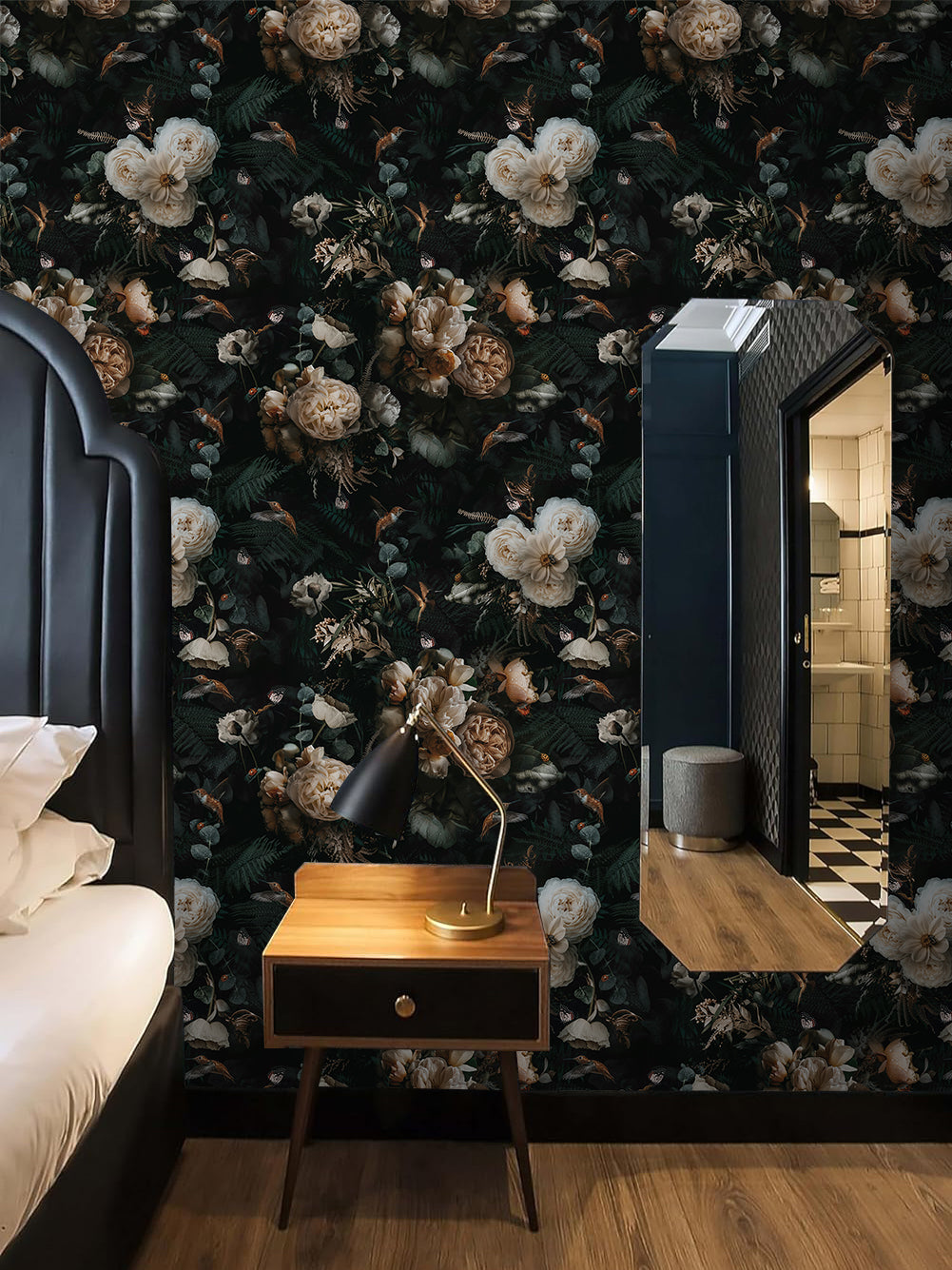 Floralplus Peel and Stick Wallpaper Removable Dark Floral Wallpaper Renter Friendly Wallpapers for Bedroom Accent Wall Black Floral Contact Paper Flower Wall Mural