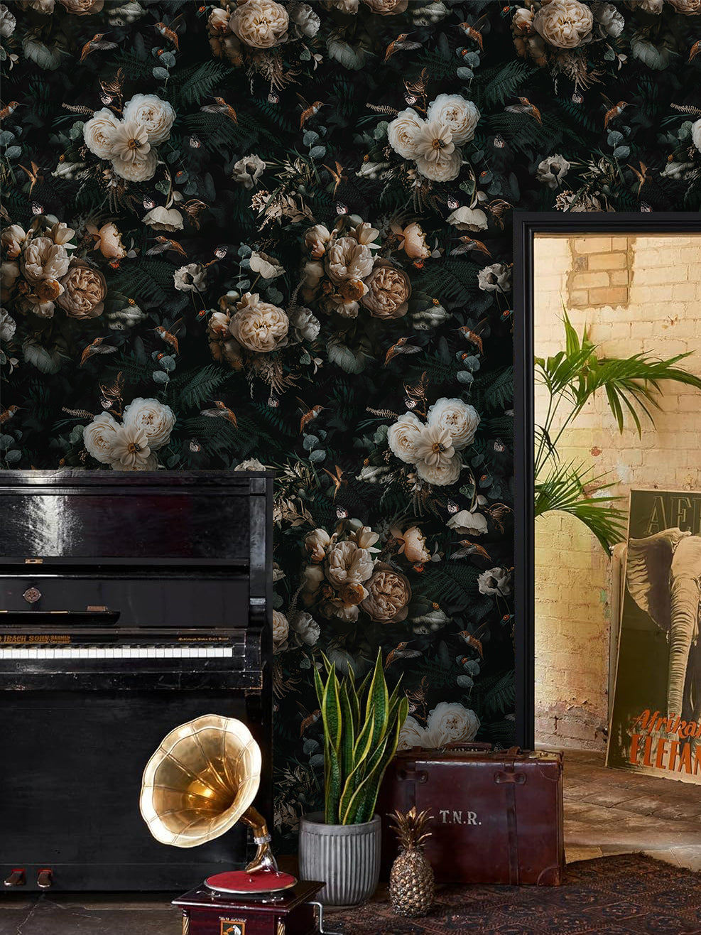 Floralplus Peel and Stick Wallpaper Removable Dark Floral Wallpaper Renter Friendly Wallpapers for Bedroom Accent Wall Black Floral Contact Paper Flower Wall Mural