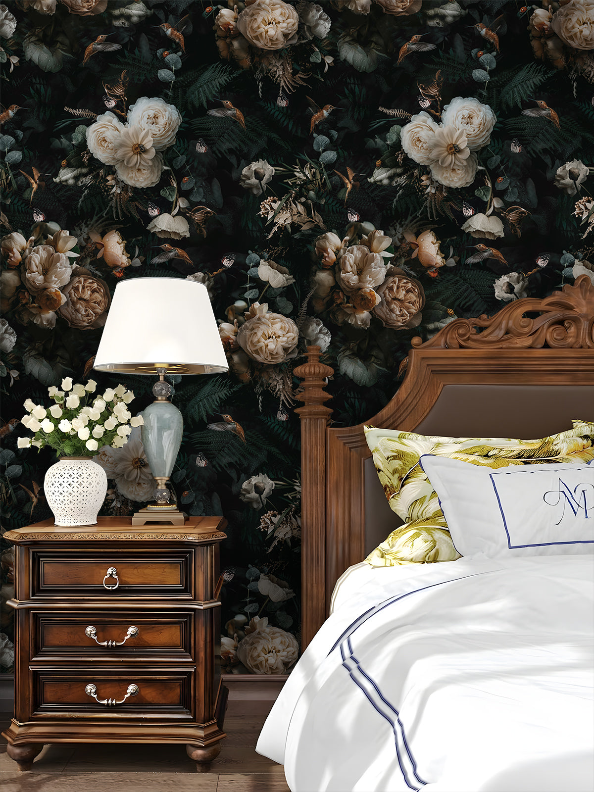 Floralplus Peel and Stick Wallpaper Removable Dark Floral Wallpaper Renter Friendly Wallpapers for Bedroom Accent Wall Black Floral Contact Paper Flower Wall Mural