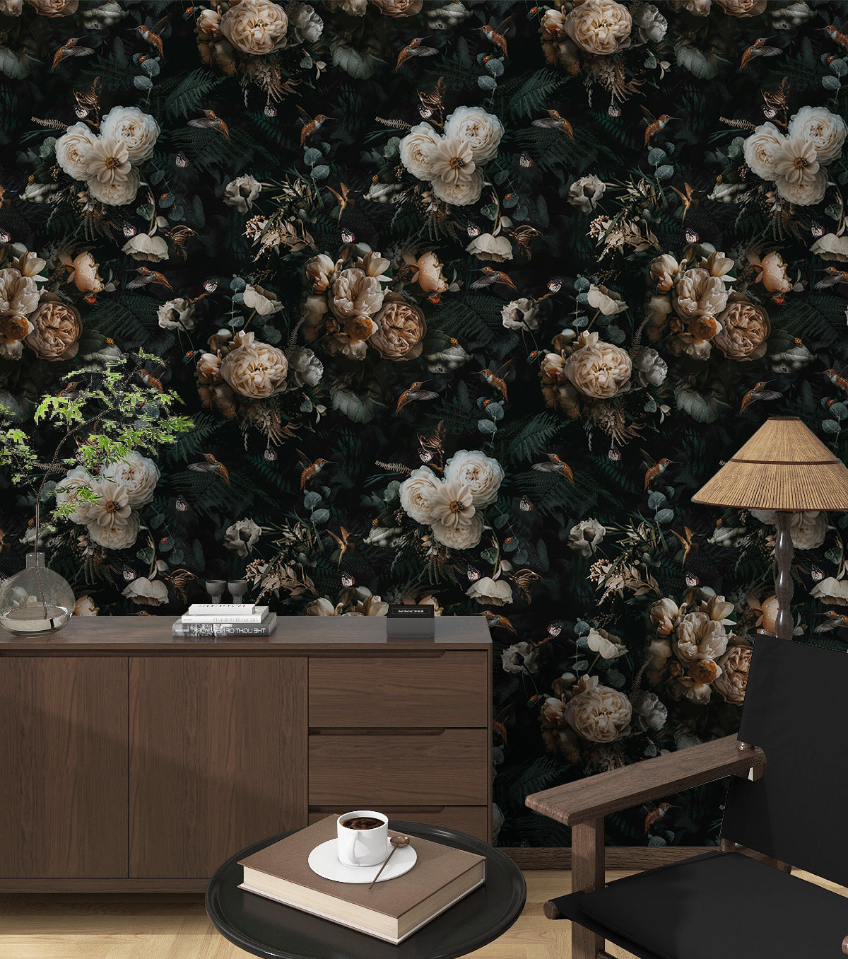 Floralplus Peel and Stick Wallpaper Removable Dark Floral Wallpaper Renter Friendly Wallpapers for Bedroom Accent Wall Black Floral Contact Paper Flower Wall Mural
